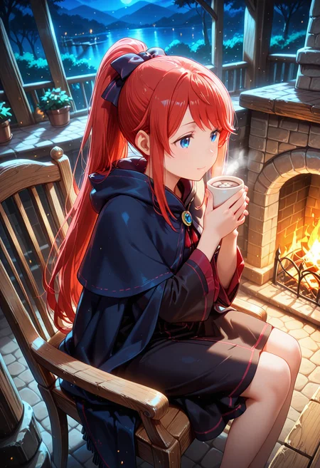 1girl, solo, masterpiece, best quality, newest, absurdres, CG, anime, source anime, illustration, very aesthetic, high resolution, ultra-detailed, newest, scenery, medium depth of field, rule of thirds, masterpiece-level, clean lines, sharp, focused subject, <lora:Theresia_van_Astrea_r1:1>
BREAK 1girl, solo, Theresia_van_Astrea, t_theresia, hair ornament, blue eyes,long hair, ponytail, red hair, bangs
cloak,parody,jewelry, black dress
dynamic pose, sitting, holding cup of hot chocolate, dreamy, happy, looking to side
outdoors, fantasy tavern, cozy, fireplace, oak table, oak chair, night, from above
cinematic angle, various angles, detailed background, beautiful background, (rays light:1.0),(grow:1.0), light particles