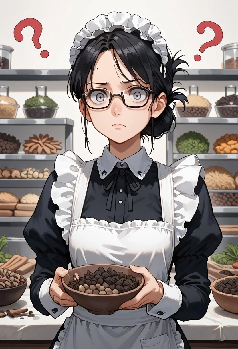 score_9, score_8_up, score_7_up, score_6_up, (Herbs_Morf), 1girl, confused, clagwimoth, confused, ?, portrait, cowboy shot, maid, long dress, white apron, maid headdress, gray eyes, glasses, black hair, folded ponytail, confused expression, holding up a bowl of herbs and spices