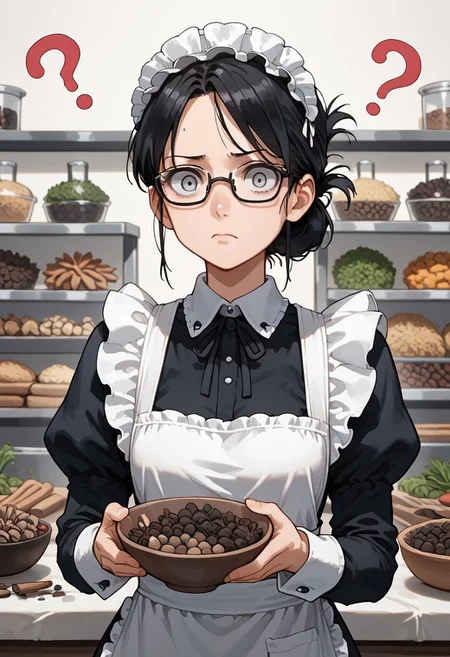 score_9, score_8_up, score_7_up, score_6_up, (Herbs_Morf), 1girl, confused, clagwimoth, confused, ?, portrait, cowboy shot, maid, long dress, white apron, maid headdress, gray eyes, glasses, black hair, folded ponytail, confused expression, holding up a bowl of herbs and spices