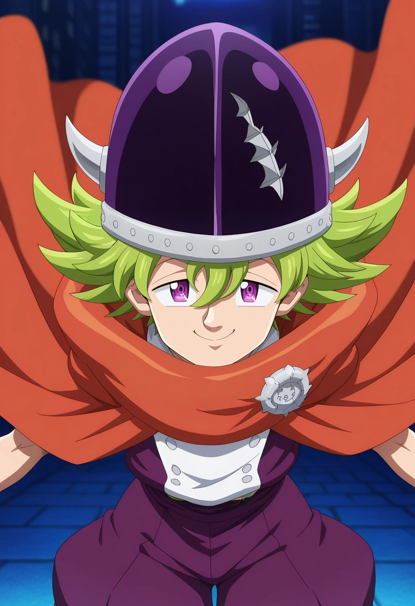 masterpiece, best quality, , anime screencap, anime coloring, , looking at viewer, 1boy, solo, male focus, <lora:percival_nnt_mny_ilxl:1>, percival_nnt_mny, green hair, purple eyes, spiked hair, hair between eyes, bangs, helmet, horned headwear, orange cape, puffy shorts, upper body, treetops city, light, (dynamic pose:1.2), half-closed eyes, smile,