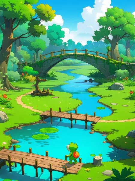 <lora:CartoonStyle_Hap_XL:1>,cartoon style,computer simulation of a game involving a swamp and a river with a cartoon character standing on a bridge,, anime,masterpiece,UHD,perfection,perfect,detailed,