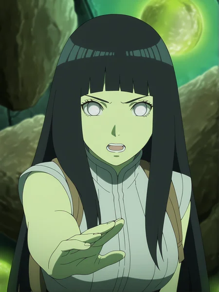 <lora:Hinata_Hyuga:0.8>, hinata, 1girl, solo, long black hair, bangs, white eyes, no pupils, sleeveless gray shirt, high collar, backpack, neutral, serious, open mouth, teeth, standing, arm up, looking at viewer, upper body, cropped, indoors, rocks, green light