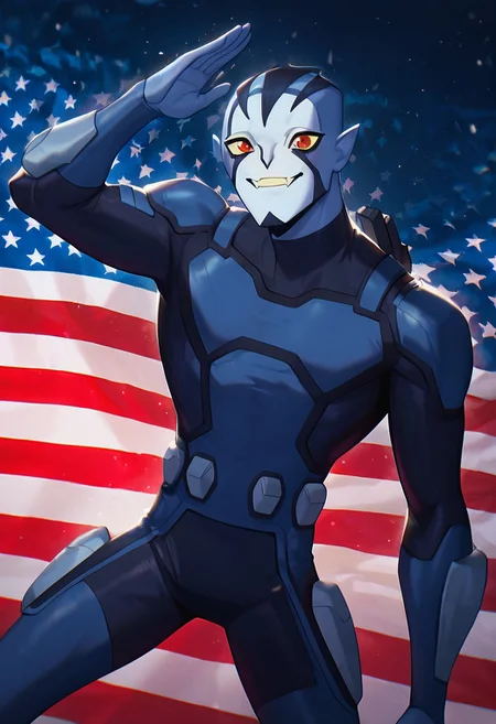 masterpiece, best quality, amazing quality, very aesthetic, absurdres, newest,
<lora:rook-10:1> rook, male focus, colored skin, alien, 1boy, yellow sclera, blue skin, white face, , red eyes, pointy ears,
blue bodysuit, armor,
american flag background, salute, dynamic pose, smile, fangs,