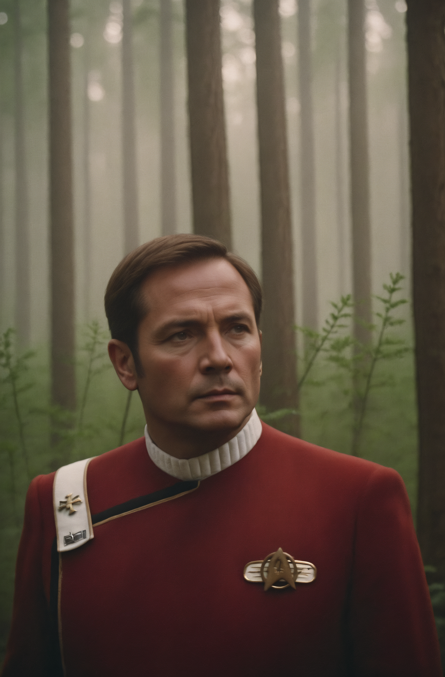 close up photo of a man in twokunf red uniform, forest, haze, halation, bloom, dramatic atmosphere, centred, rule of thirds, 200mm 1.4f macro shot, professional photo, shot on Hasselblad <lora:TWOKXL:0.8>