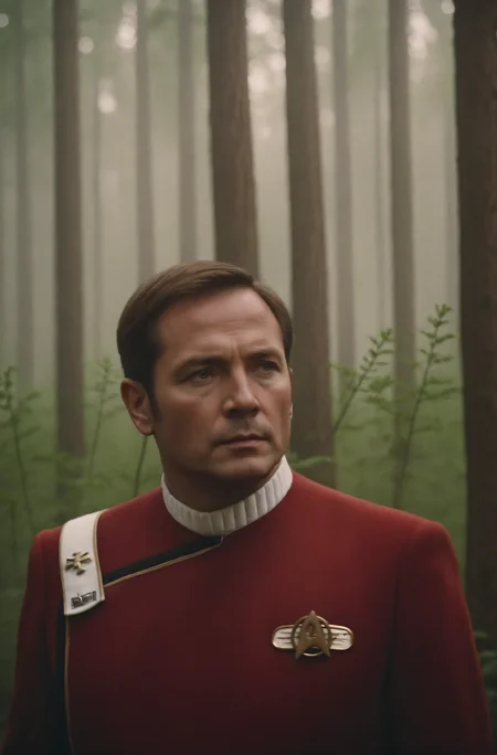 close up photo of a man in twokunf red uniform, forest, haze, halation, bloom, dramatic atmosphere, centred, rule of thirds, 200mm 1.4f macro shot, professional photo, shot on Hasselblad <lora:TWOKXL:0.8>