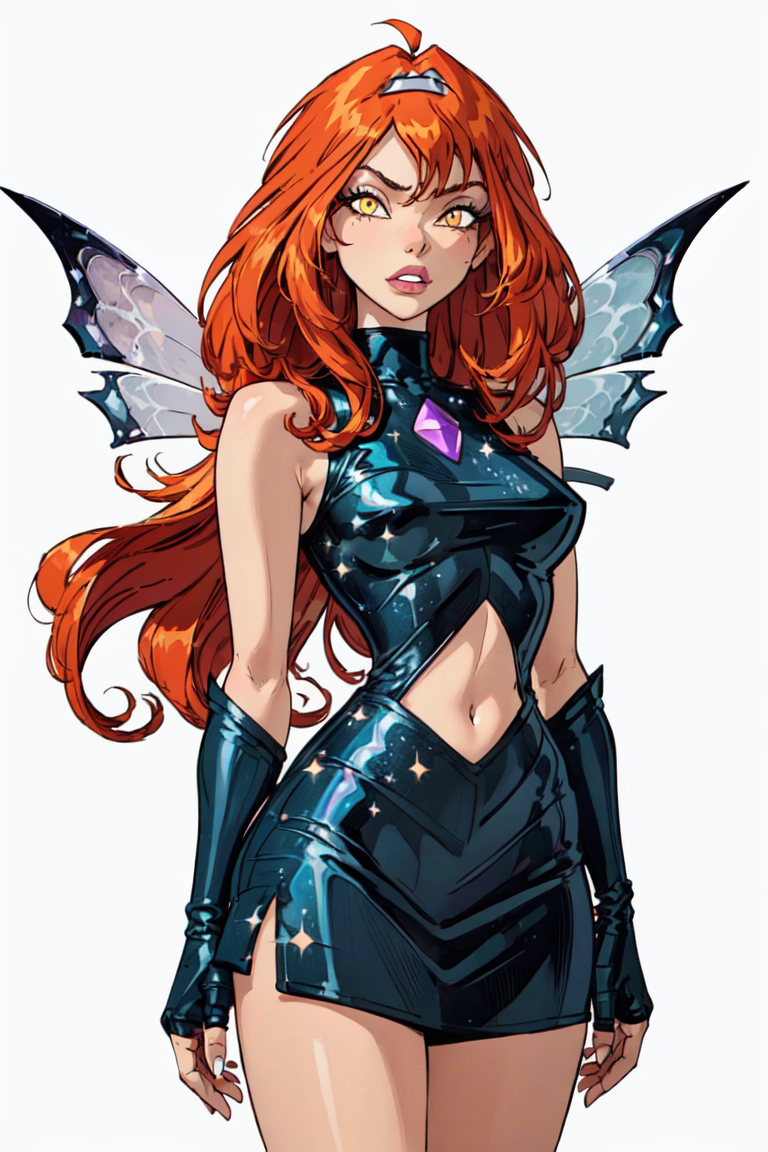 (Dark Bloom), orange hair, yellow eyes, boots, skirt, gloves, black shirt, wings, sparkling clothing, (solid white background, white background:1.5), (realistic:1.2), (masterpiece:1.2), (full-body-shot:1),(Cowboy-shot:1.2), dark romantic lighting, (highly detailed:1.2),(detailed face:1.2), (gradients), colorful, detailed eyes, (natural lighting:1.2), solo <lora:add_detail:0.3> <lora:BeautifulEyes:0.6> <lora:WinxClubDarkBloom-10:0.7>