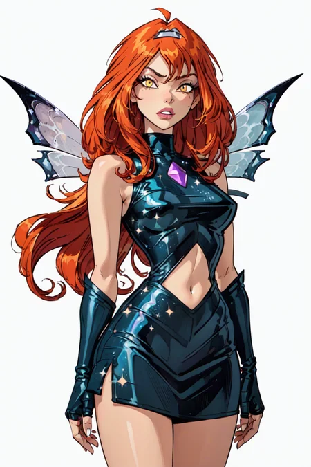 (Dark Bloom), orange hair, yellow eyes, boots, skirt, gloves, black shirt, wings, sparkling clothing, (solid white background, white background:1.5), (realistic:1.2), (masterpiece:1.2), (full-body-shot:1),(Cowboy-shot:1.2), dark romantic lighting, (highly detailed:1.2),(detailed face:1.2), (gradients), colorful, detailed eyes, (natural lighting:1.2), solo <lora:add_detail:0.3> <lora:BeautifulEyes:0.6> <lora:WinxClubDarkBloom-10:0.7>