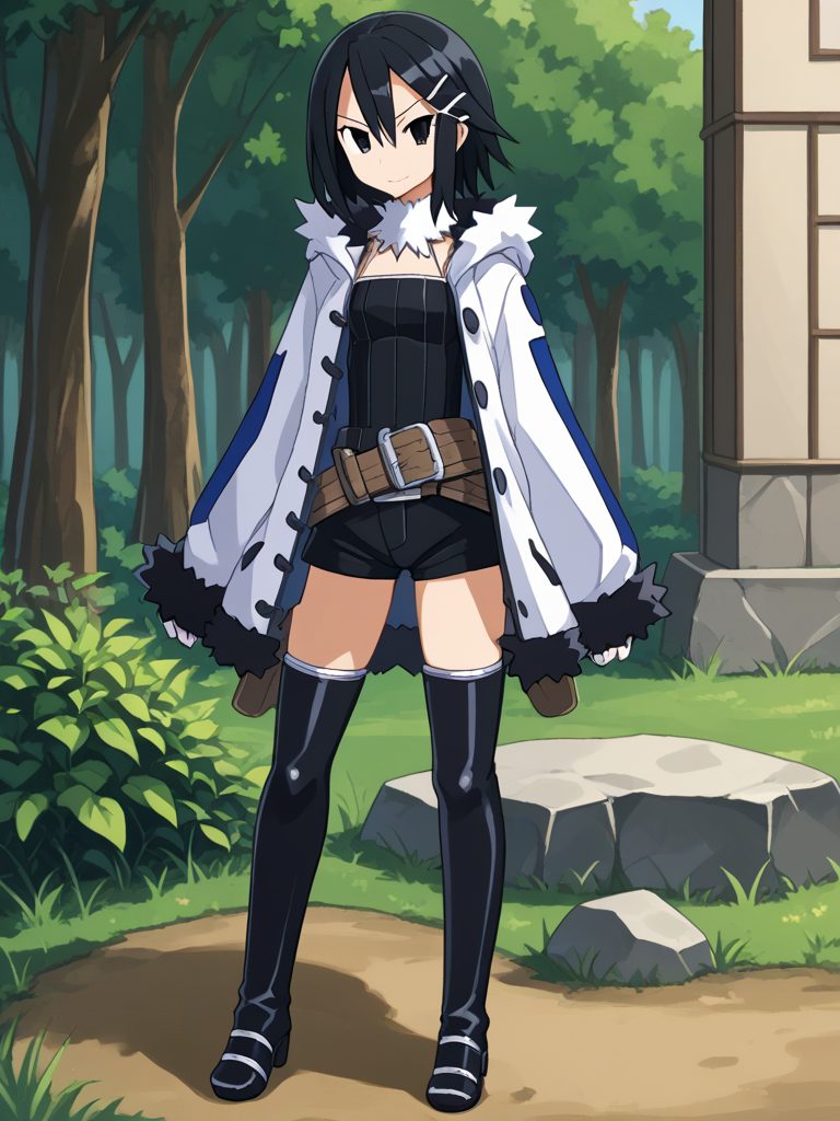 1girl, solo, asagidisgawars, black hair, short hair, black eyes, hairclip, hair between eyes, white fur collar, white fingerless gloves, shirt, white hooded coat, long sleeves, black fur trim, belt, shorts, thigh boots, outdoors, standing, full body, serious, smile