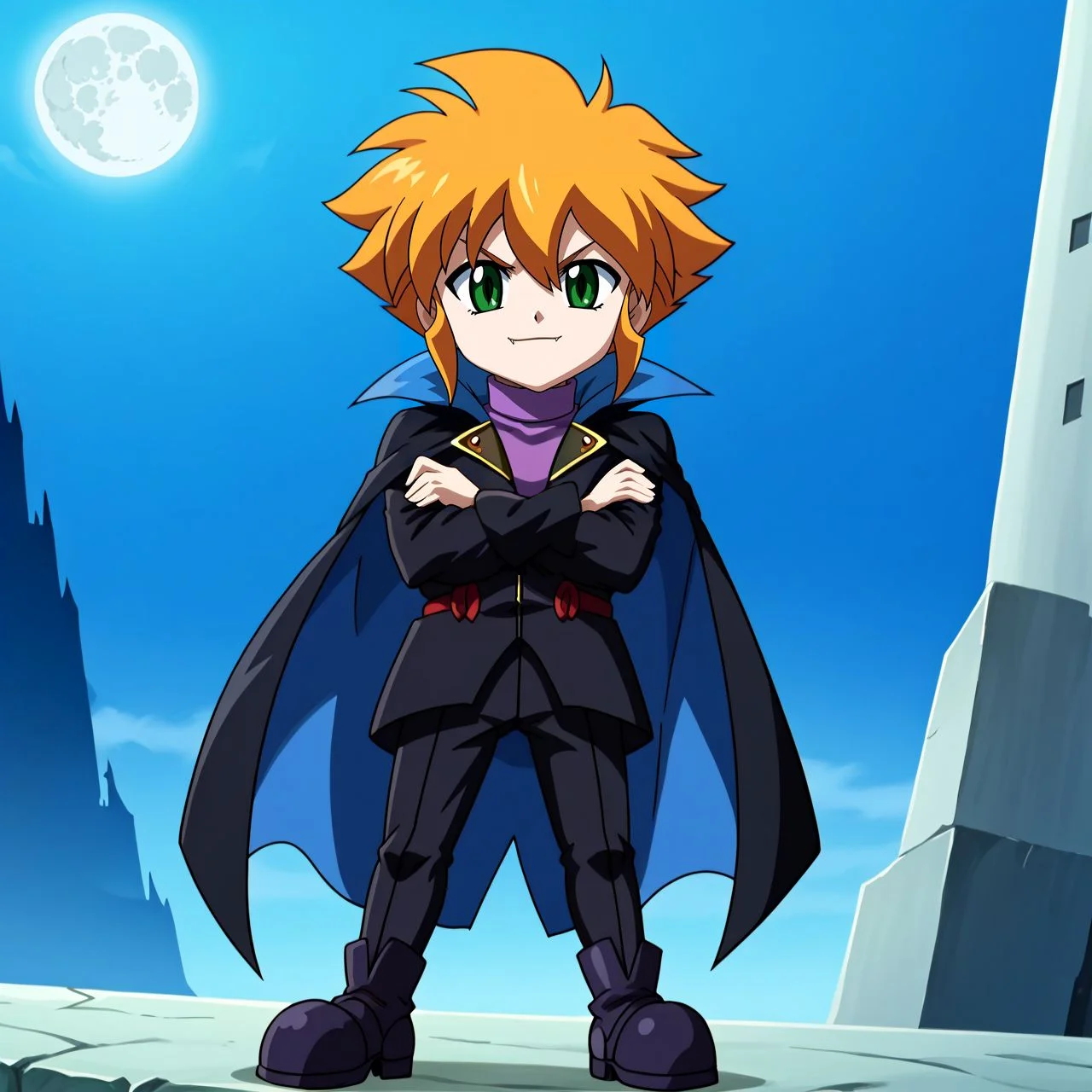 source_anime,anime screencap, anime coloring,intricate details,rating_safe, masterpiece, best quality, (best quality, absurd res, ultra detailed), ((solo)), good eyes,perf <lora:Yu_Tendo:0.8> yu_tendo, 1boy, orange hair, green eyes, ((big black cape, big black cloak covering body)), ((cape, cloak)), smug, castle, half moon, night, vampire-themed, vampire, bats, ((full body, short posture,)), ((crossed arms)), black jacket, black pants, purple turtleneck, black boots, mysterious, <lora:intricate_details:1.4> intricate_details_xl