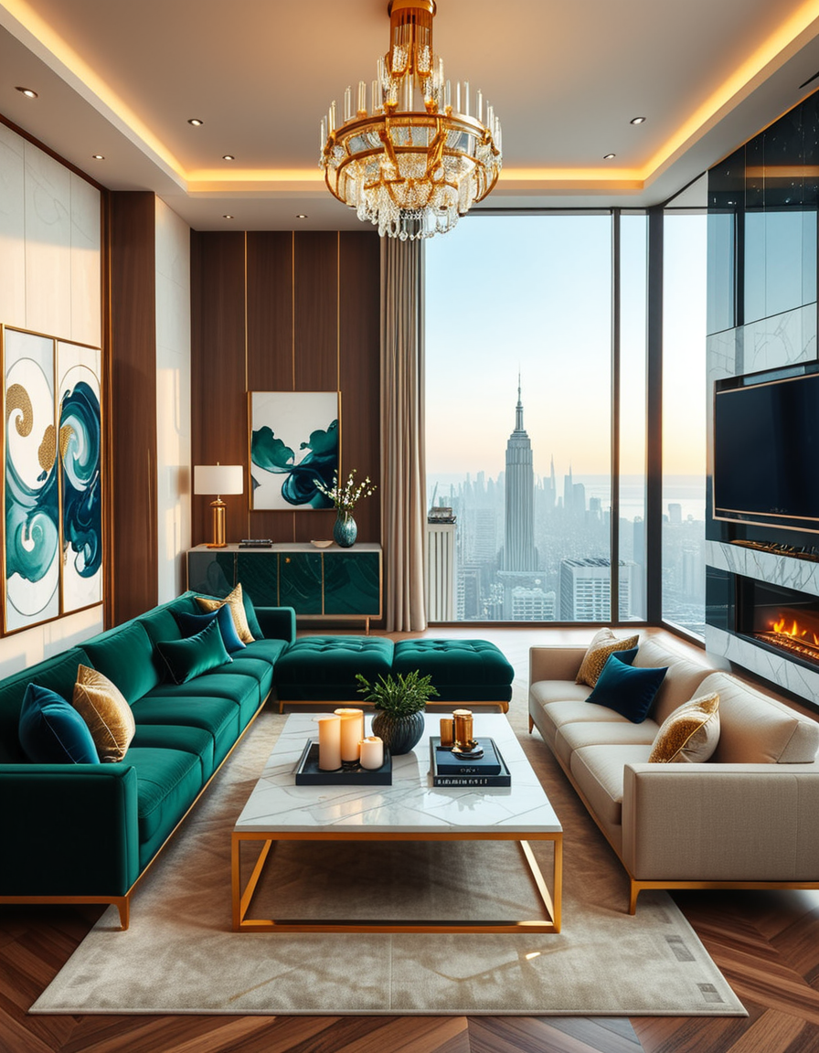A lavish and modern luxury living room with a spacious open layout. The room features a grand chandelier with crystal details hanging from a high ceiling. Plush velvet sofas in deep emerald green and navy blue are arranged around a sleek marble coffee table with gold accents. The floor-to-ceiling windows allow natural light to flood the space, revealing a breathtaking city skyline in the background. A contemporary fireplace with a sculptural design adds warmth, while elegant artwork and designer decor pieces complete the sophisticated ambiance. The lighting is soft and ambient, creating a cozy yet opulent atmosphere.
<lora:SDXLFaeTastic2400:0.4> <lora:extremely_detailed:0.4> extremely detailed,  <lora:luxurious_l1v1ng_r00m:1>,luxurious l1v1ng r00m, Masterpiece,best quality,hi res,8k,hi res,8k,award winning,(sharp focus, intricate, highly detailed),