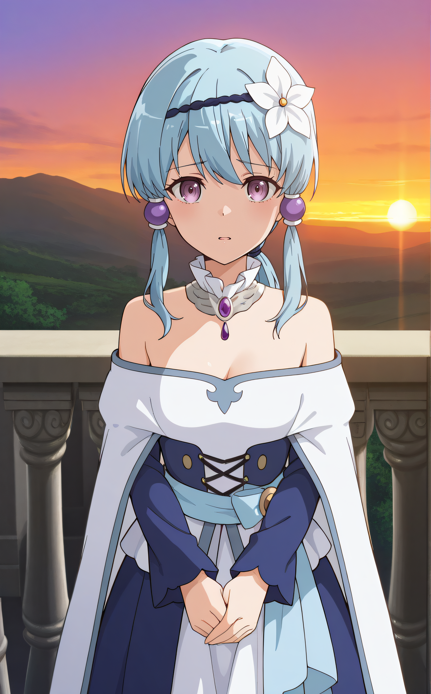masterpiece, best quality, highres, scenery, newest, 1girl, solo, official style, <lora:Fiona_Urd_Aleglife:1>, fionaurd, blue hair, low ponytail, white flower, hair flower, hairband, purple_hair_ornaments, off shoulders, white detached collar, long dress, white cape, sash, blue sleeves, blue corset, blue waist cape, own hands together, cowboy shot, sad expression, looking at viewer, parted lips, outdoor, sunset