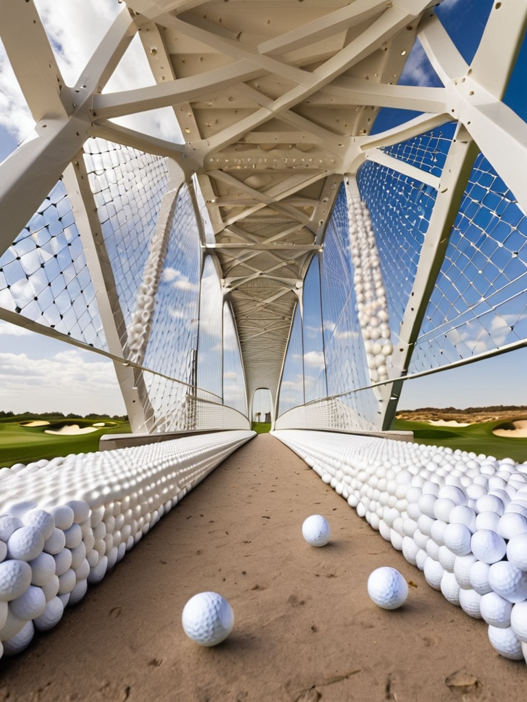 <lora:g0lfb4lls_v2:1>, high quality, high resolution, bridge, made of golf balls