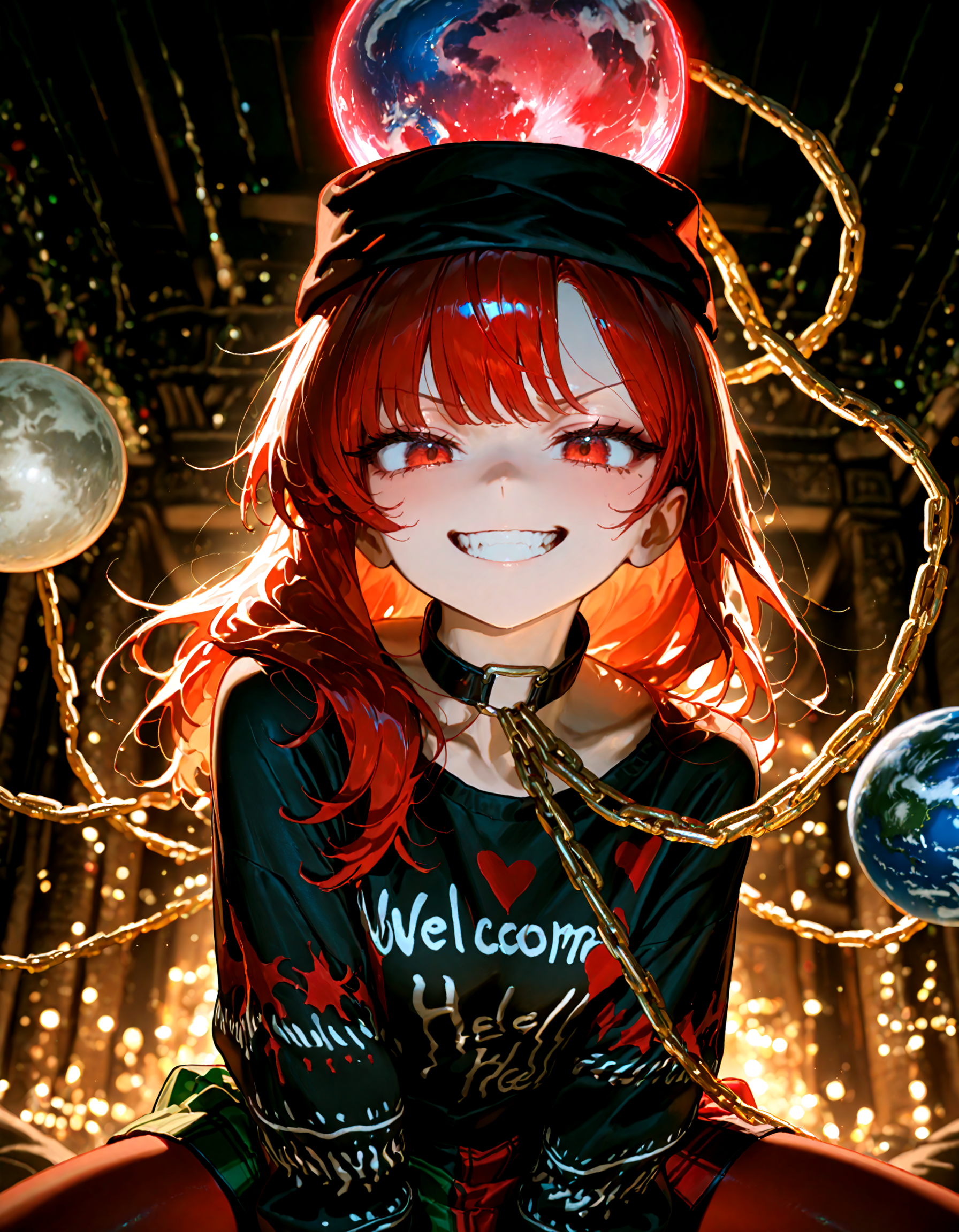 Christmas, dress, red pantyhose,Christmas sweater:1.3,
1girl, solo,  hecatia_lapislazuli , soft lighting, grin , looking at viewer, pov,chain, choker,  earth_(ornament) , hair_between_eyes, hat, moon_(ornament) ,  teeth, underworld_(ornament) , v-shaped_eyebrows,
masterpiece, best quality, amazing quality, very aesthetic, absurdres,  newest, (volumetric lighting),
<lora:world_christmassweater:0.5>,<lora:cfg_scale_boost:0.5>, <lora:ponyv5_noobE11_1_adamW:0.5>, <lora:illustrious_noobai_epsilon_pred_1_best_quality_v1:0.5> ,<lora:illustrious_noobai_epsilon_pred_1_masterpieces_v1:0.5> ,<lora:illustrious_noobai_epsilon_pred_11_very_aesthetic_v1:0.5>