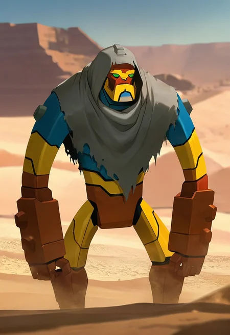 masterpiece, best quality, amazing quality, very aesthetic, absurdres, newest,, detailed background,
movie scene, cinematic scene, cinematic, foreground blur, depth of field,
bloxx, robot, mecha, solo, armor, green eyes,, massive arms, upper body, , big head, massive head, short legs,
in desert, sand dunes, cloaked up, wearing cloak, grey cloak, torn cloak, grey scarf, pyramids, stone constructs, hood up,