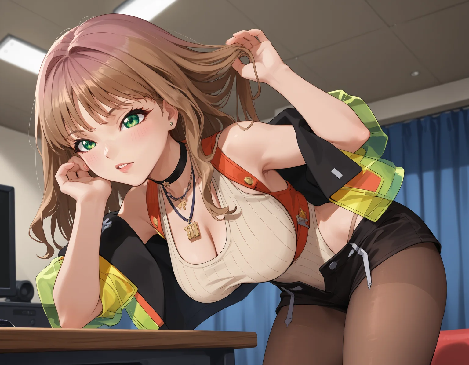 score_9,  score_7_up, 
yumdrem,   green eyes, black shorts, brown pantyhose, brown leotard, black choker, long hair, jewelry, jacket, brown hair, necklace,  see-through,  short shorts, bare shoulders,  leotard under clothes, ribbed leotard, layered clothes, multicolored jacket, medium hair, clothing cutout, harness, brown crop top, ribbed crop top, black jacket, highleg leotard
1girl,huge breasts,wide hips,thick thighs,bent over,cleavage, hanging breasts, indoors,stage,hand in own hair
  <lora:minami_yume-8 outfits-koto-PonyXL 2.1:1>