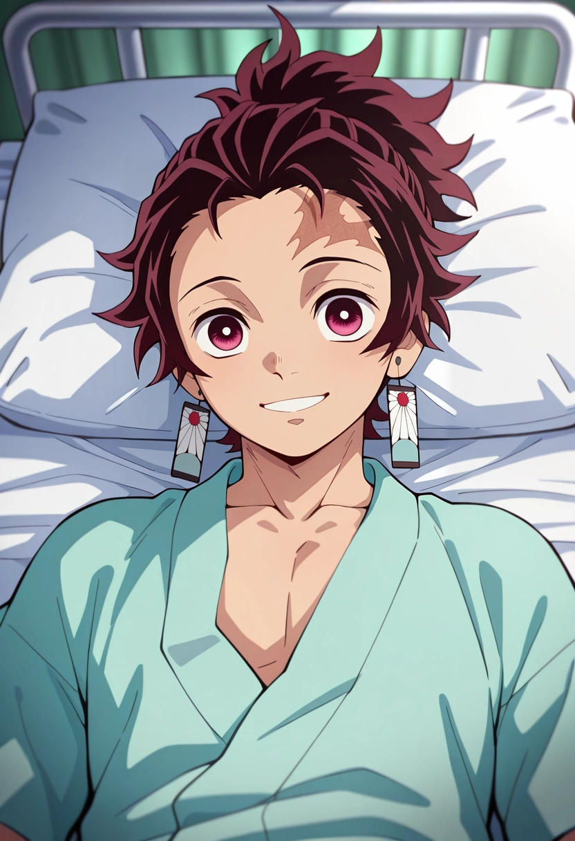 masterpiece, best quality, , (3d:0.4), , , 1boy, solo, male focus, <lora:tanjirou_kamado_ilxl:0.84>, tanjirou_kamado, 1boy, red hair, red eyes, short hair, scar on forehead, ponytail, upper body, hospital, light, lying, on back, naughty smile,