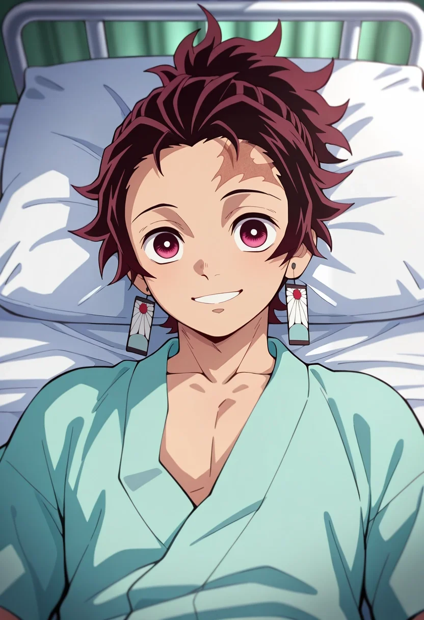 masterpiece, best quality, , (3d:0.4), , , 1boy, solo, male focus, <lora:tanjirou_kamado_ilxl:0.84>, tanjirou_kamado, 1boy, red hair, red eyes, short hair, scar on forehead, ponytail, upper body, hospital, light, lying, on back, naughty smile,