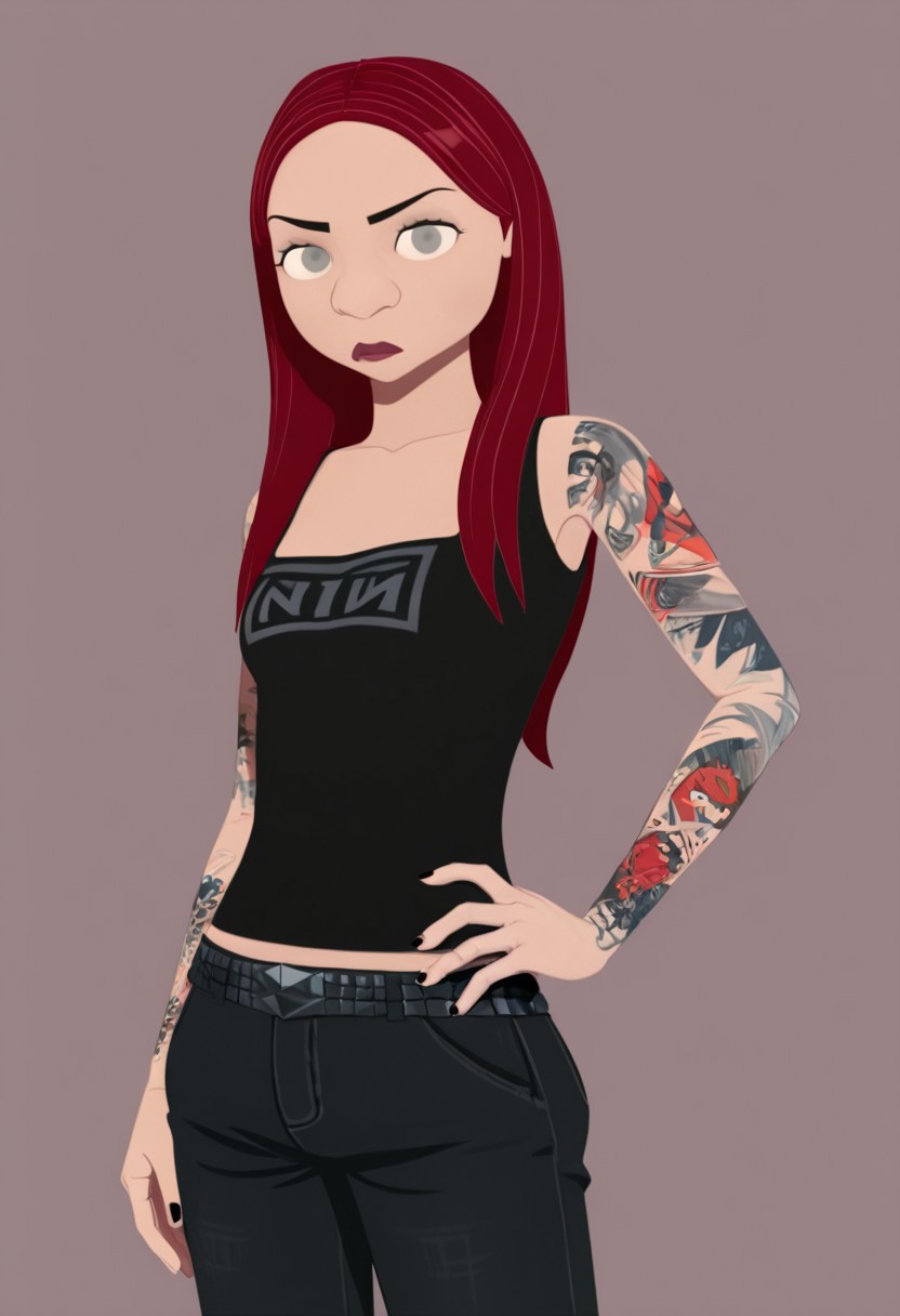Gretchenw,1girl, red hair, grey eyes, long hair, tank top,jeans,belt, arm tattoo,looking at viewer, cowboy shot, hand on hip, simple background print shirt ,black fingernails