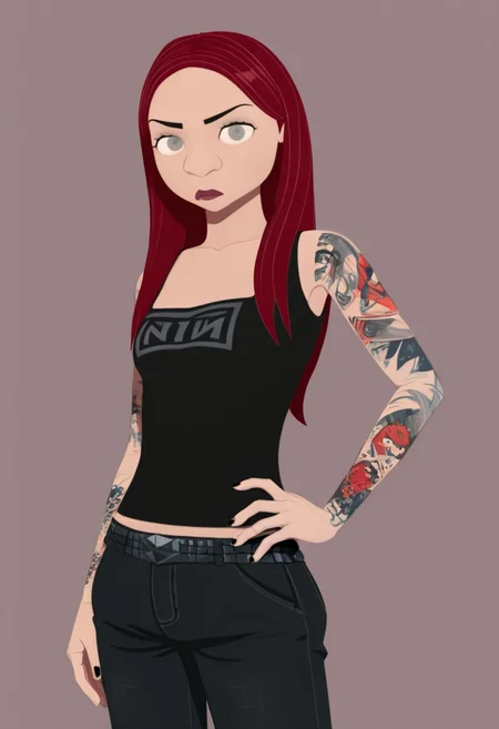 Gretchenw,1girl, red hair, grey eyes, long hair, tank top,jeans,belt, arm tattoo,looking at viewer, cowboy shot, hand on hip, simple background print shirt ,black fingernails