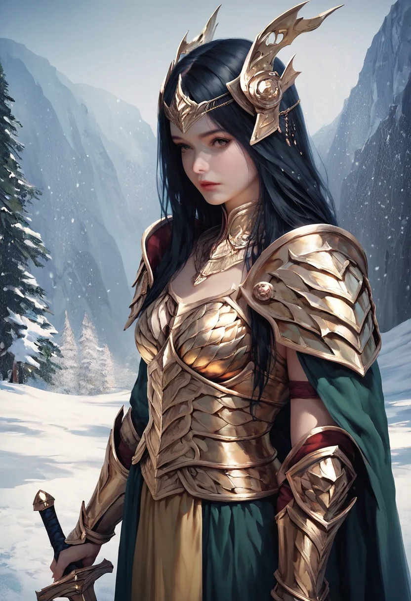 score_9, score_8, score_7_up, illustration
1 girl, beautiful, golden armor, head armor, black hair, long hair, look at viewers, beautiful details eyes, complex background, snow,
Sword, dragon