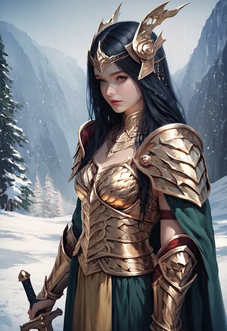 score_9, score_8, score_7_up, illustration
1 girl, beautiful, golden armor, head armor, black hair, long hair, look at viewers, beautiful details eyes, complex background, snow,
Sword, dragon