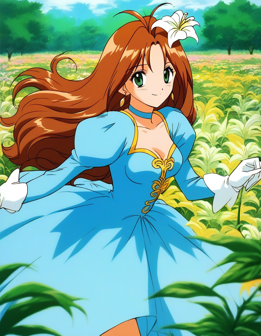 score_9, score_8_up, score_7_up, source_anime, rating_explicit, BREAK <lora:Tanima_Yuri_XL:1>Tanima_Yuri, 1girl, solo, long hair, brown hair, green eyes, antenna hair, breasts, 1990s (style), smile,
light blue dress,  lily (flower), 
hair flower, hair ornament, jewelry, gloves, tree, blue dress, long sleeves, earrings, outdoors, choker, puffy sleeves, looking at viewer, gown