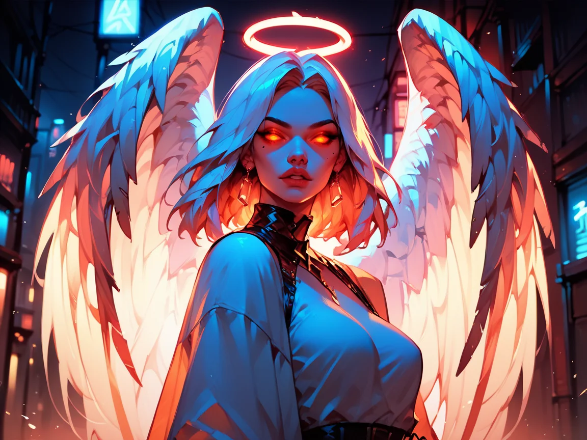 score_9, score_8_up, score_7_up, score_6_up, score_5_up, <lora:g0th1c2XLP:1> g0th1c, glowing eyes, neon lights, angel, 1girl,