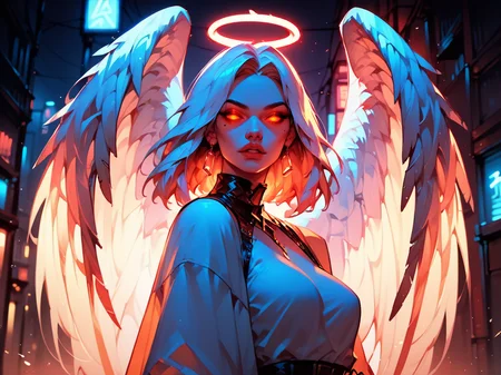 score_9, score_8_up, score_7_up, score_6_up, score_5_up,   <lora:g0th1c2XLP:1> g0th1c, glowing eyes, neon lights, angel, 1girl,