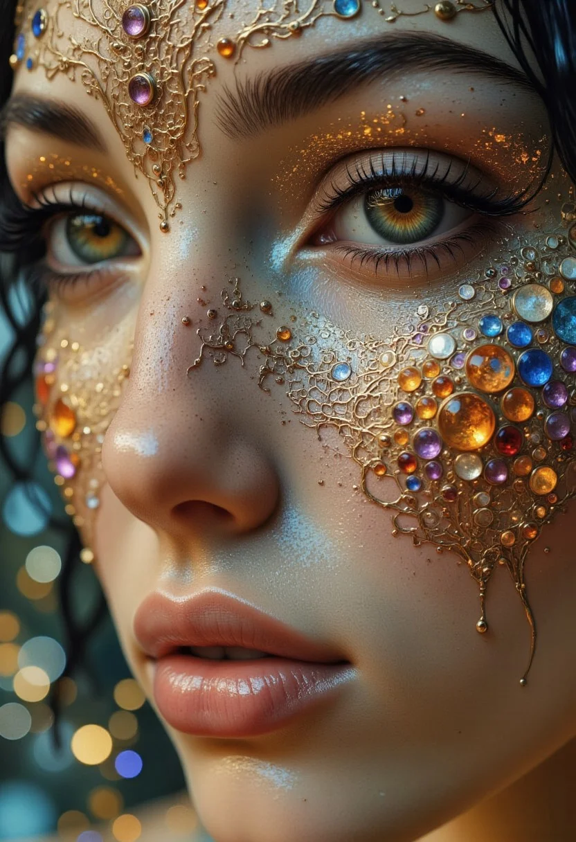 An ultra close-up portrait of a woman’s face, filling the entire frame, leaving no visible background. Her skin is not flesh but an intricate mosaic of delicate, small stained glass panels, each piece a shimmering array of sapphire blues, fiery oranges, and amethyst purples. The glass is smooth, flawless, and seamlessly fitted, reflecting soft, ambient light that dances across the curved contours of her cheeks, nose, and brow. Her eyes are pure liquid gold, shifting and flowing like sunlit honey, glowing faintly from within. The light inside her irises moves hypnotically, creating a mesmerizing sense of depth. Each blink is slow and deliberate, as if time itself lingers in her gaze. Her lips are translucent, infused with deep ruby and amber hues, their surface polished like molten glass. When she parts them slightly, the sound of wind chimes fills the air, delicate and melodic, as though her breath carries a faint celestial resonance. The stained glass panels shift in tone as light passes through, casting fleeting reflections of color onto her own features. Tiny, golden filaments run along the edges of each glass piece, forming an intricate network of organic, vein-like patterns that pulse faintly, as if carrying a hidden energy within. The soft glow from within her face creates a dreamlike, ethereal quality, giving the impression that she is not entirely of this world—part divine artifact, part living being.