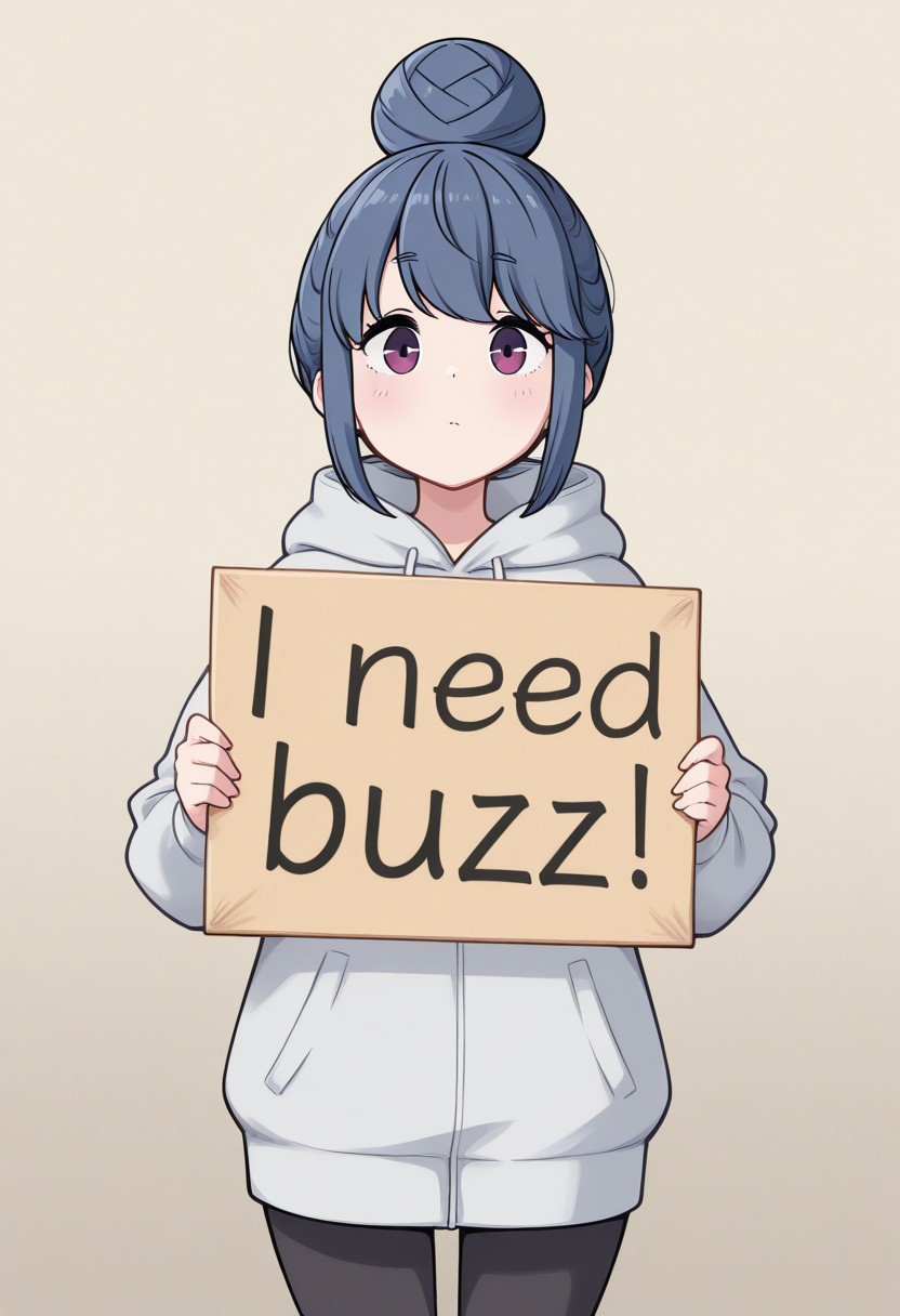 1girl, standing, shimarin, hairbun, need_buzz, holding sign