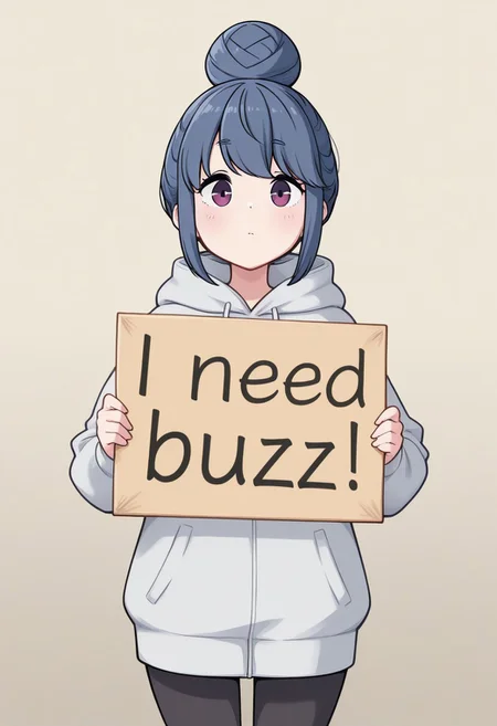 1girl, standing, shimarin, hairbun, need_buzz, holding sign