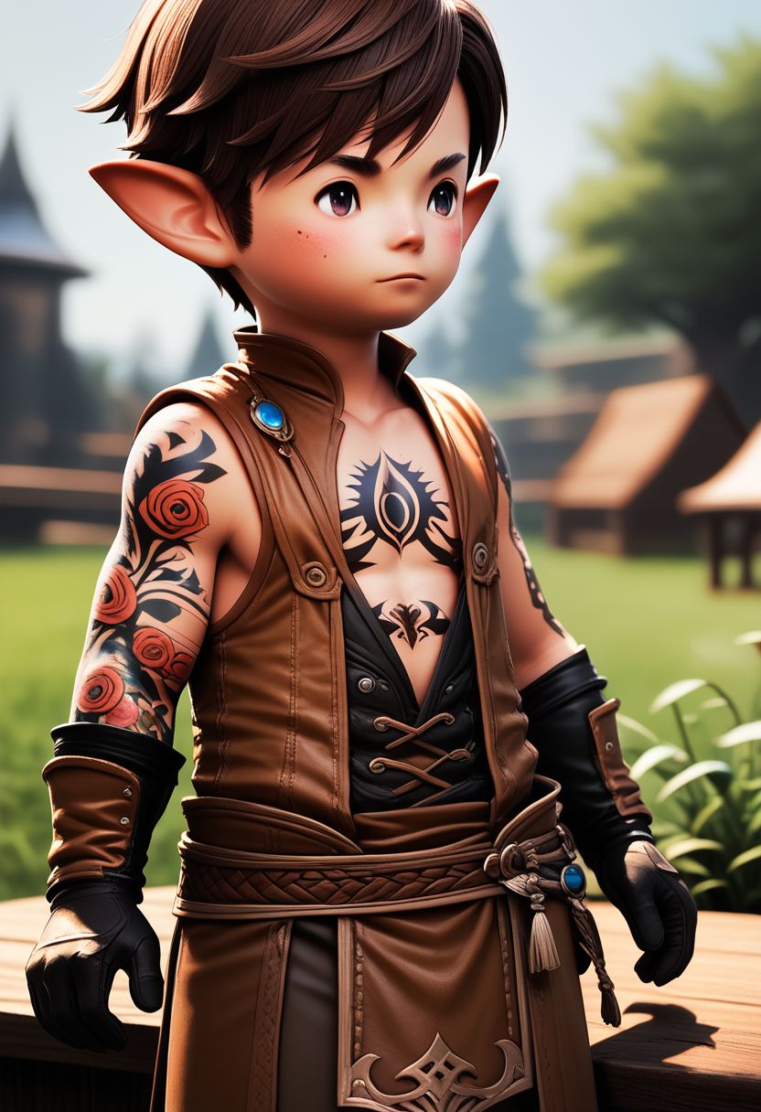 lalatater, solo, pointy ears, lalafell, depth of field, outdoors, brown hair, blurry, male focus, tattoo, 1boy, gloves, e jewelry, short hair, standing, chibi, puntable BREAK PonyXLV6_Scores
