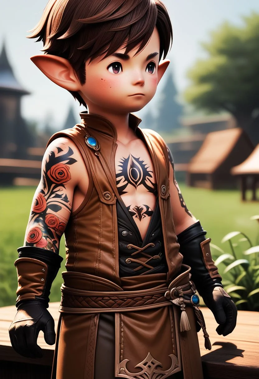 lalatater, solo, pointy ears, lalafell, depth of field, outdoors, brown hair, blurry, male focus, tattoo, 1boy, gloves, e jewelry, short hair, standing, chibi, puntable BREAK PonyXLV6_Scores