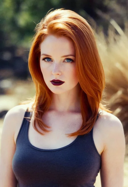 ((analog)) photo ginger woman outdoors, (provocative expression), glossy dark lipstick, blue eyes, tank top, soft focus, depth of field, ((looking at viewer, film grain, masterpiece)) <lora:EuroBabe-v4-XL:0.6>