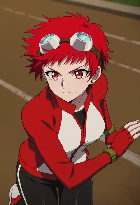 masterpiece, best quality, very aesthetic,
1girl, solo,
Ximena Victoria, short hair, red hair, red eyes, earrings, stud earrings,
jacket, goggles on head, fingerless gloves, pants,
Running, run,
Close-up, sit,
Anime coloring,