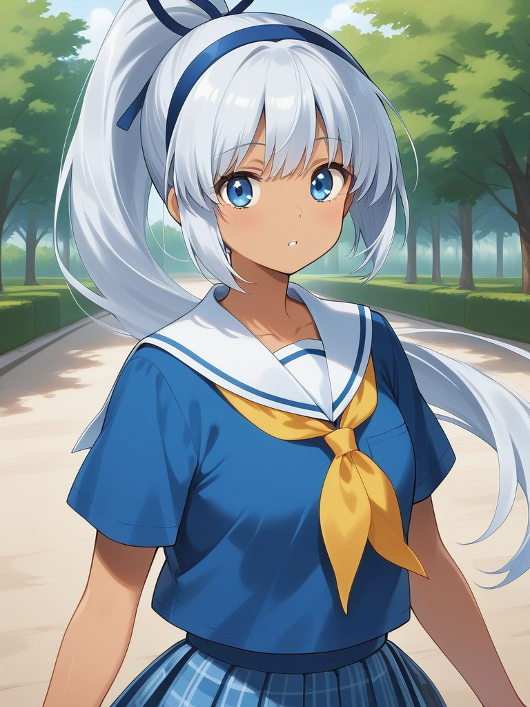 1girl, solo, dark skin, white hair, long hair, high ponytail, hairband, hair ribbon, blue eyes, blue shirt, short sleeves, yellow neckerchief, serafuku, blue skirt, plaid skirt, school uniform, outdoors, park, parted lips, looking at viewer,
