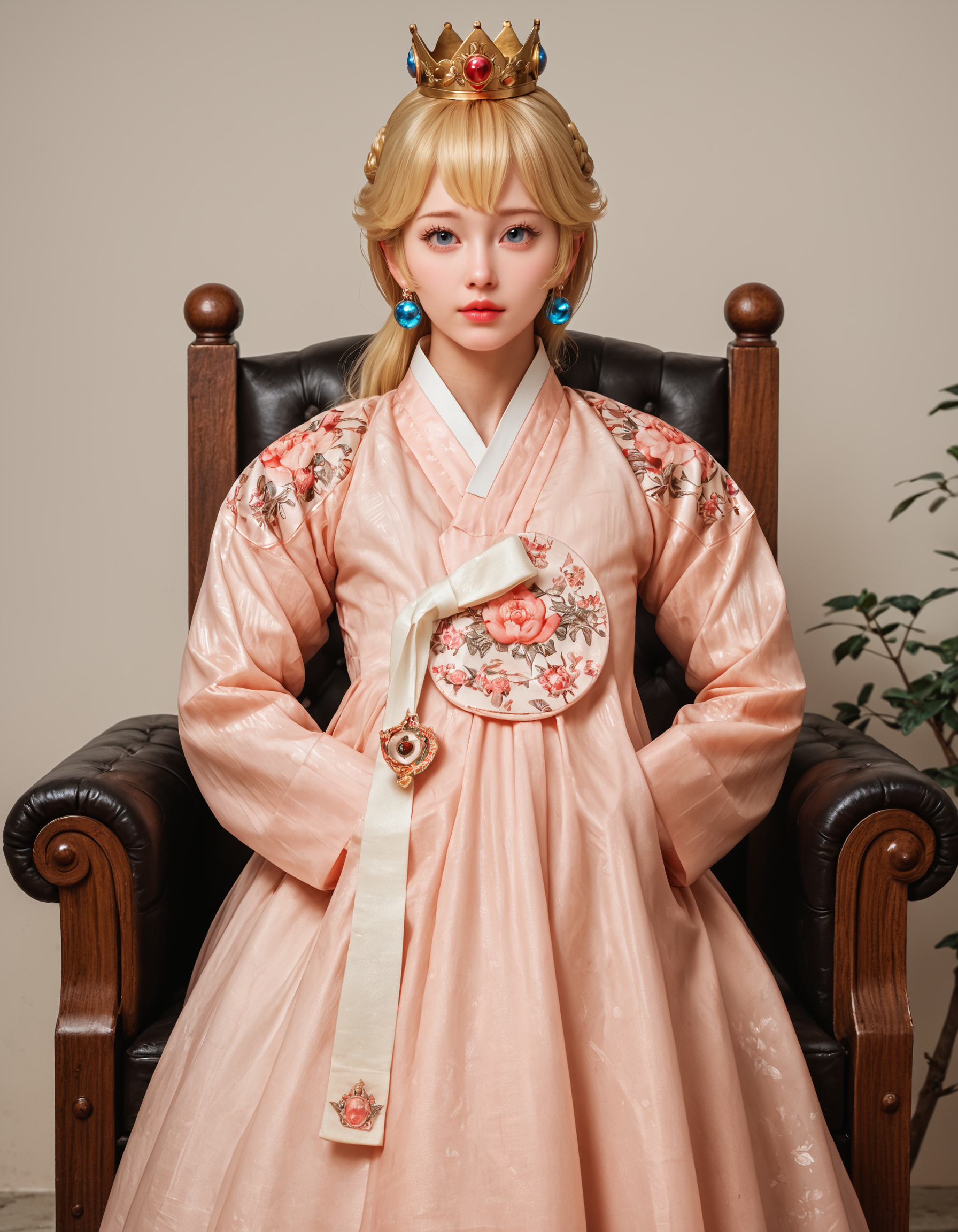 score_9, score_8_up, score_7_up, score_6_up, score_9, score_8_up, score_7_up, score_6_up, realistic, (long hanbok, hands in clothes:1.2), long sleeves, (princess peach:1.2), earrings, blonde, crown, marble throne, very clear image, detailed face, detailed character design, ultra-high resolution, perfectly composed, clear, breathtaking attention to detail, highres, ultra detail, 8k wallpaper,