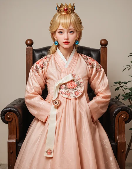 score_9, score_8_up, score_7_up, score_6_up, score_9, score_8_up, score_7_up, score_6_up, realistic, (long hanbok, hands in clothes:1.2), long sleeves, (princess peach:1.2), earrings, blonde, crown, marble throne, very clear image, detailed face, detailed character design, ultra-high resolution, perfectly composed, clear, breathtaking attention to detail, highres, ultra detail, 8k wallpaper,