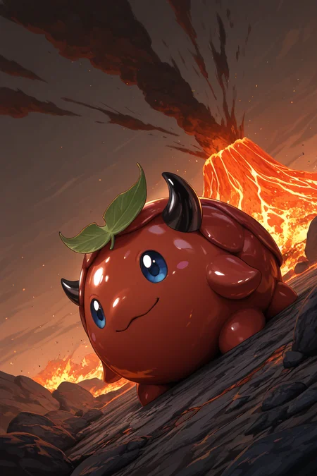 style parody, parody, oda_eiichirou, dim lighting, blueberry-creature focus, looking away, expressive face, daberry, green leaf on head, blue_daberry_hair, blue eyes, 1blueberry creature, pokemon (creature),, wide smile, shiny skin, standing, devil cosplay, black wings, horns, outdoors day, volcano, molten rock, magma, fire, dark environment, fantasy, from side, dutch angle, dynamic angle, motion lines, fidgetting, intricately detailed illustration, depth of field, masterpiece, best quality, amazing quality, very aesthetic, absurdres, newest