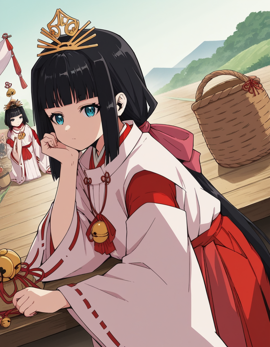 score_9, score_8_up, score_7_up, source_anime, <lora:nigewaka-shizuku-s1-ponyxl-lora-nochekaiser:1>, shizuku, long hair, bangs, blue eyes, black hair, blunt bangs,, japanese clothes, bell, miko, skirt, long sleeves, ribbon, wide sleeves, red ribbon, ribbon trim, hakama, hakama skirt, jingle bell, ribbon-trimmed sleeves, miko, red hakama,, farmers market, fresh produce, local vendors, baskets, sunny day, community, , , sitting, elbow rest, table,, solo,, cowboy shot, dutch angle