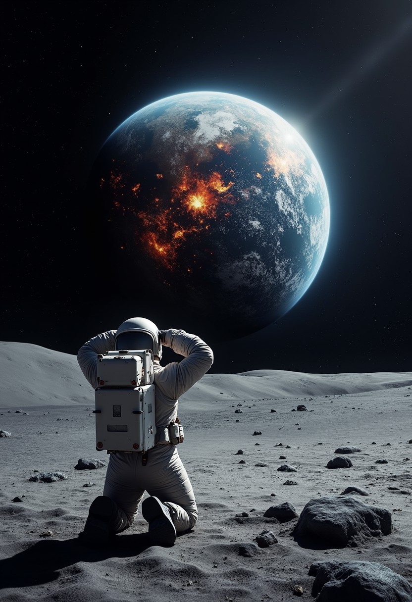 photograph of
(centered wide shot, space view of earth burning, shattered by an asteroid, from the surface of the moon:1.3),
(centered rear view of a man, kneeling and arms above his head, on the rocky surface of the moon, looking wearing a space suit)
black dark blank space background