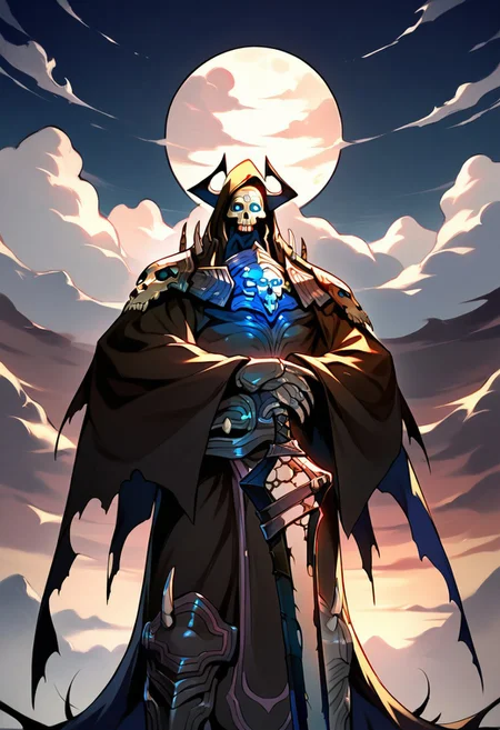 score_9,score_8_up,score_7_up,source_anime, king_hassan_(fate),solo,looking at viewer,1boy,holding,standing,weapon,male focus,outdoors,horns,sky,sword,cloud,hood,holding weapon,armor,torn clothes,mask,glowing,holding sword,moon,cloudy sky,glowing eyes,cloak,spikes,hood up,skull,black cloak,skull mask,hands on hilt,