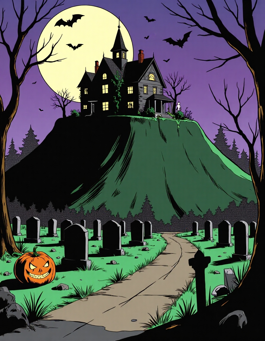 Cartoon_Style_Final, This image is a digital drawing in a style reminiscent of classic American comic books from the mid-20th century. The focus is on a spooky, dilapidated mansion sitting atop a hill, silhouetted against a massive full moon. The house is dark, with broken windows and overgrown vines creeping up its sides. In the foreground, a winding path leads through a misty graveyard, with crooked tombstones and skeletal trees casting long, eerie shadows. A single jack-o’-lantern with a sinister grin glows dimly at the base of the hill. The sky is a deep purple, and bats fly across the moonlit sky. The style features bold outlines and flat, contrasting colors, emphasizing the haunted, creepy atmosphere of Halloween night.