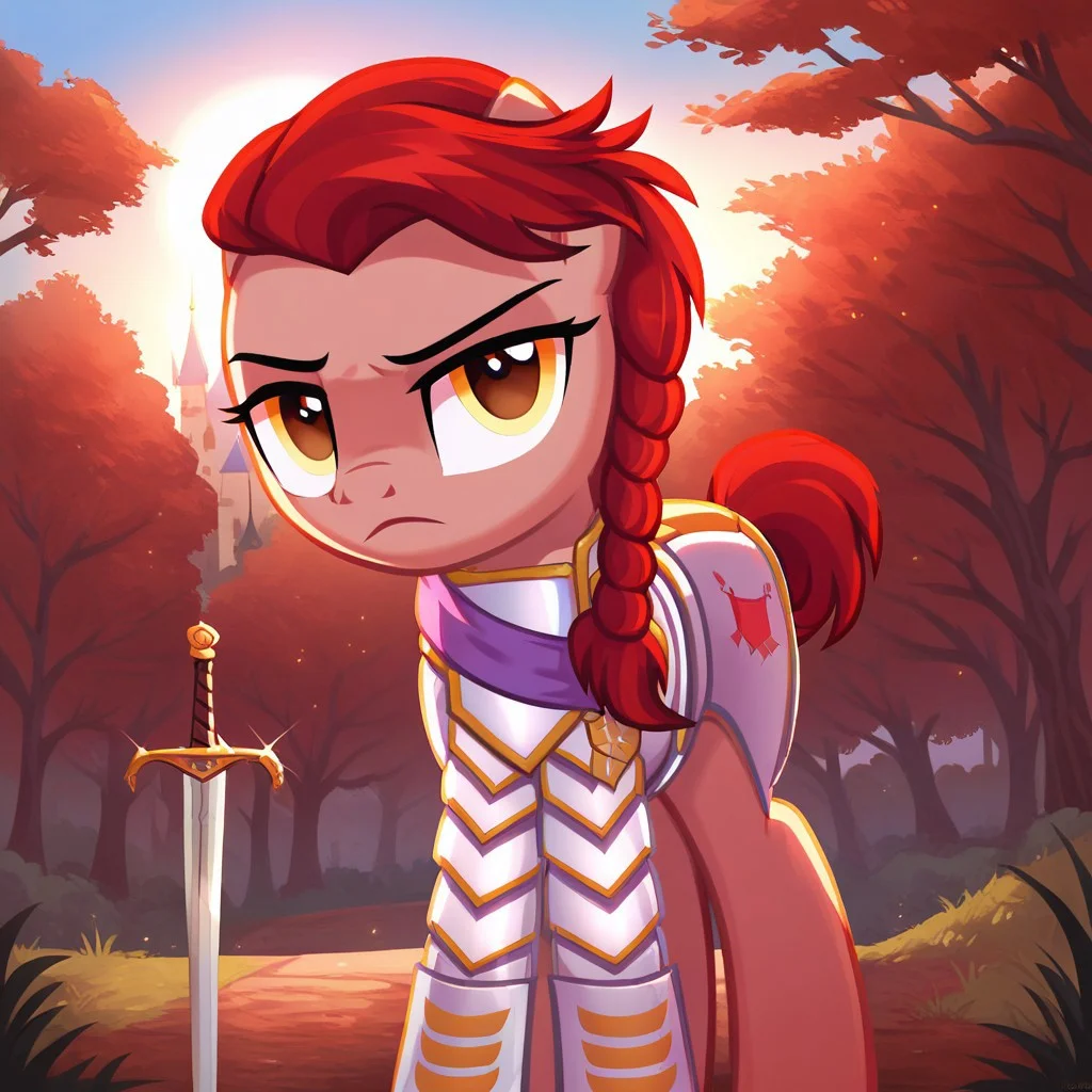 score_9, score_8_up, score_7_up, score_6_up, score_5_up, score_4_up, Equity, pony, earth pony, merlot and red brown striped mane and tail, light gold eyes, heathered grey fur, armored regalia, sword, leaning on sword, show accurate, solo, cute, best high quality, high res, outside, castle, medieval, trees, sunlight, gritty, solo, cute, beautiful, standing, up close, looking at viewer, stern, frown, annoyed, side view