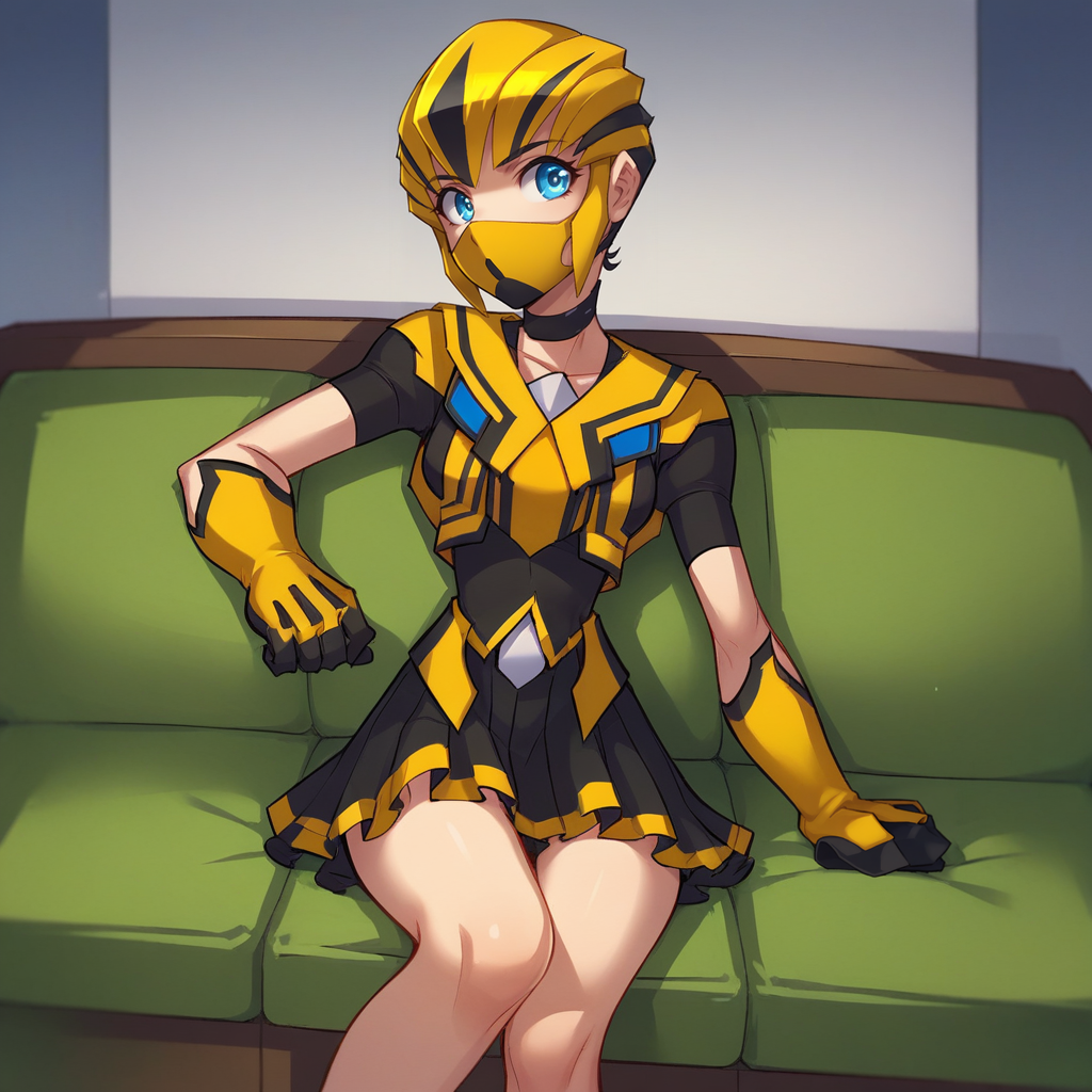 score_9_up, score_8_up, BREAK, Bumblebee, 1girl, solo, blue eyes, yellow headwear, mask, school uniform, skirt, gloves, indoors, sitting on couch, <lora:Bumblebee_RYUSEI-R_PXL_Leaf1:0.8>,