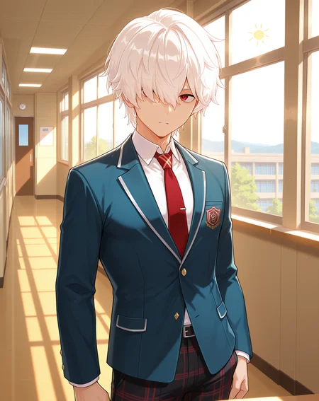 masterpiece,best quality,amazing quality, newest, very aesthetic, absurdres,
1boy, solo, yaoi, male focus, looking at viewer, cowboy shot,
<lora:Elsword_Genesis_ilxl:1> elswordgn, white hair, red eyes, short hair, hair between eyes, hair over one eye,
school uniform, white shirt, collared shirt, blue jacket, red necktie, black pants, plaid pants,
indoors, school, hallway, window, day, sun,