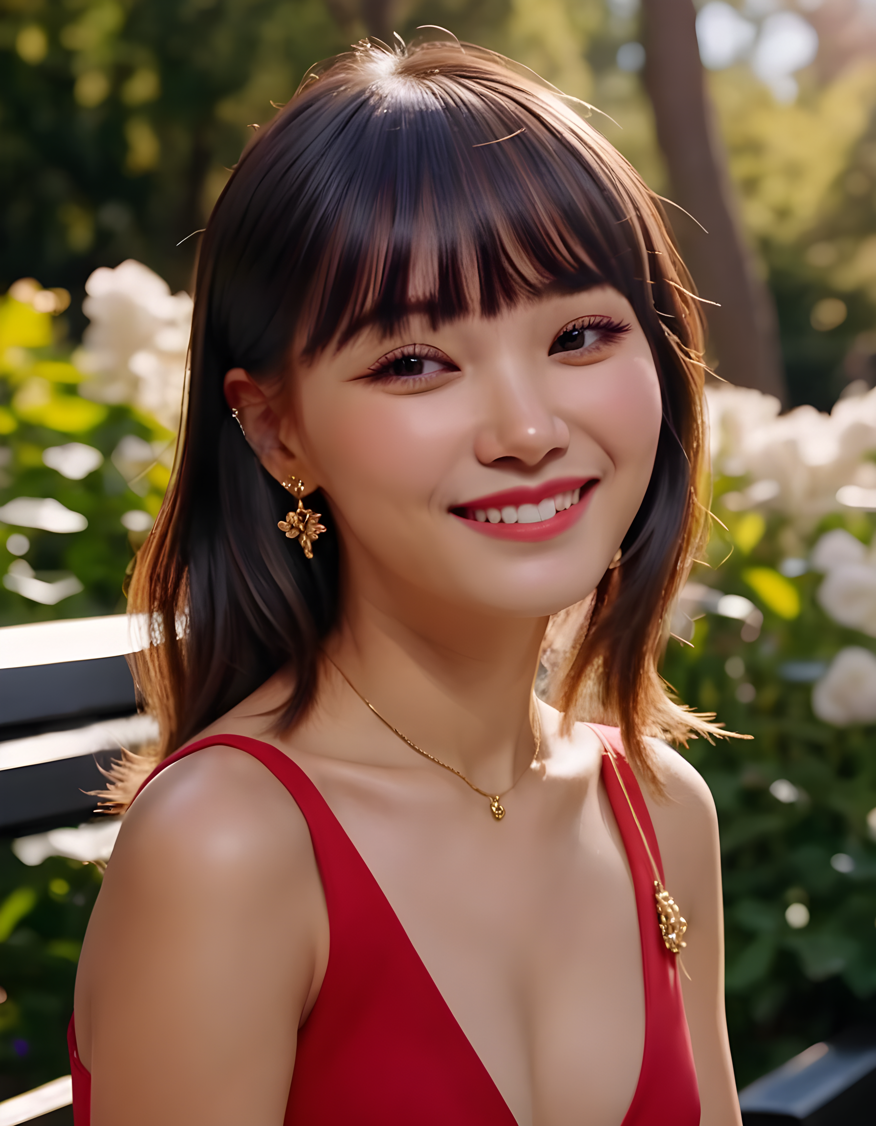 In a vibrant, sun-drenched park overlooking an artfully arranged floral garden, the subject K1MCWYT, a striking woman with blunt bangs framing her black eyes, wears a chic, form-fitting red dress adorned with intricate gold jewelry. Her closed mouth reveals a hint of a captivating smile, as she leans casually against a sleek, modern black bench, the warm afternoon sunlight casting dappled shadows on her face and highlighting the delicate contours of her nose, creating a captivating portrait that exudes elegance and mystery.