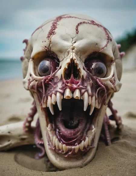 a skull, in the deep of sea, tentacles inside the skull, opened mouth, screaming, corrupted, cracks on skull, cinematic photography, standing on sand on deep of see, tentacles inside the eyes, depth of field,
