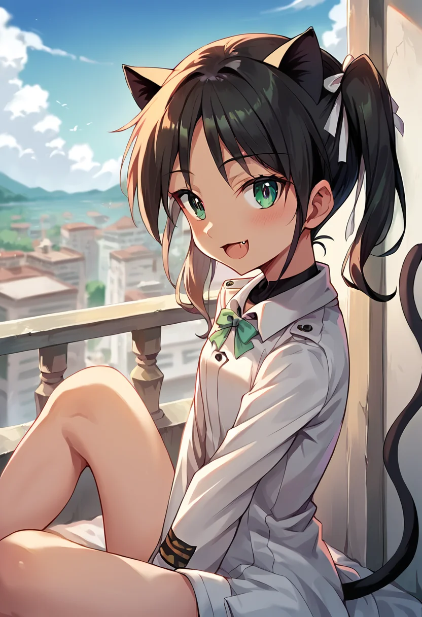 score_9, score_8_up, score_7_up, source_anime, masterpiece, 1girl, ctianfranc3sca, white uniform, neck ribbon, cat ears, cat tail, fang, looking at viewer, outdoors, sunny, day, sitting, city, depth of field, arm between legs, no pants, <lora:Francesca_Lucchini_updated_v2_ct:1>,