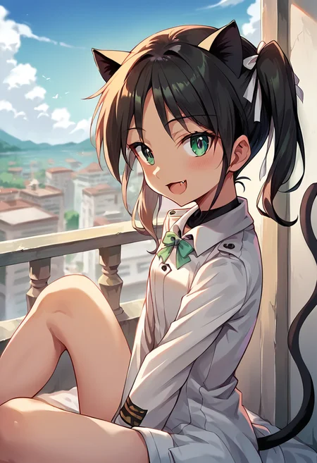 score_9, score_8_up, score_7_up, source_anime, masterpiece, 1girl, ctianfranc3sca, white uniform, neck ribbon, cat ears, cat tail, fang, looking at viewer, outdoors, sunny, day, sitting, city, depth of field, arm between legs, no pants, <lora:Francesca_Lucchini_updated_v2_ct:1>,